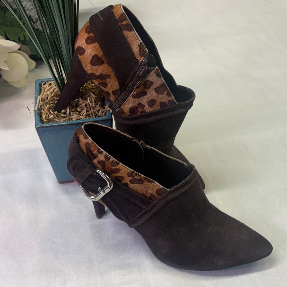 ANTONIO MELANI Brown Suede Pointed-Toe Heeled Ankle Boots with Leopard Trim